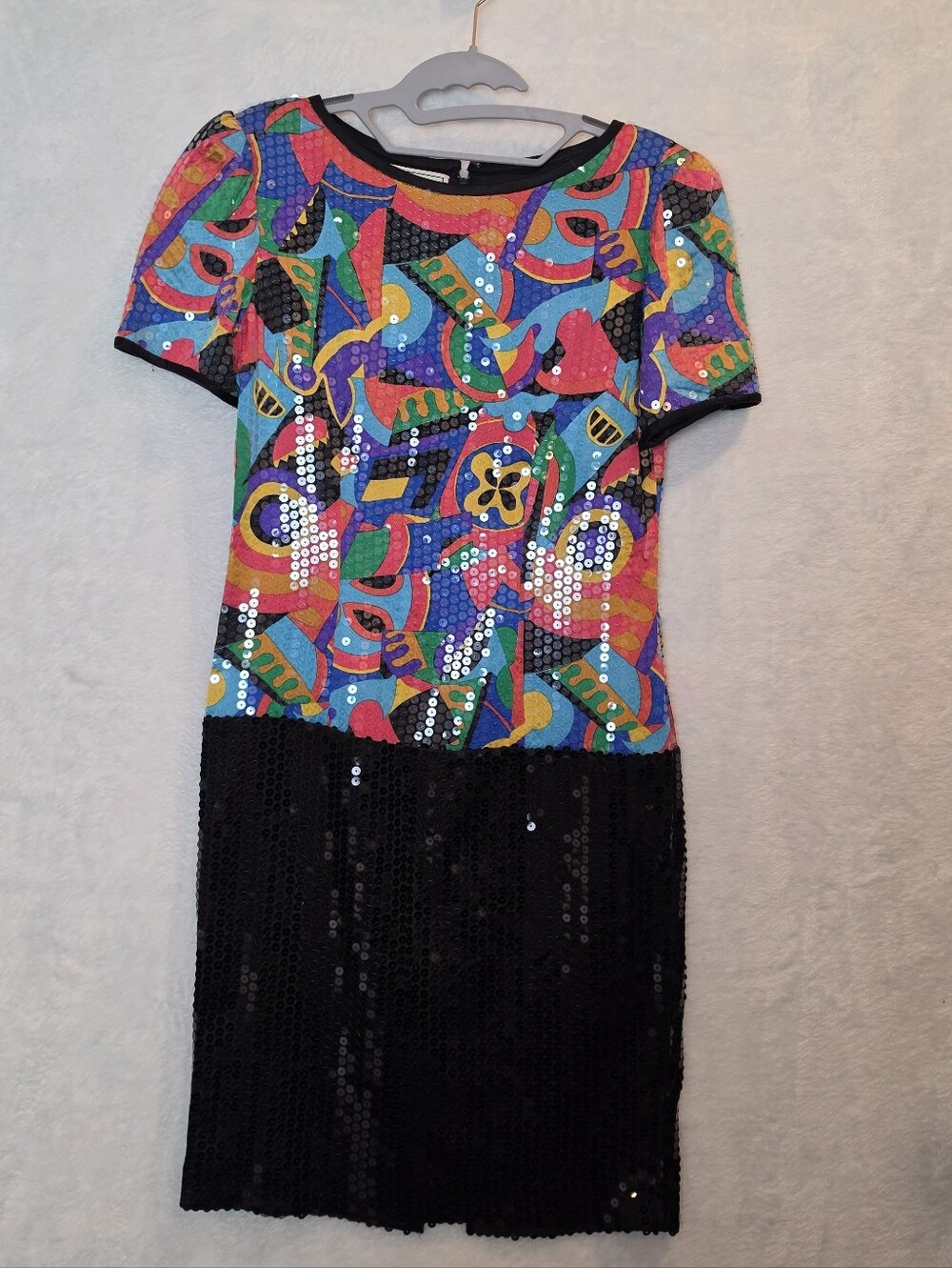 Vtg A J Bari Dress Womens 4 Silk Colorful Sequin Formal Hoco Prom Theme Abstract